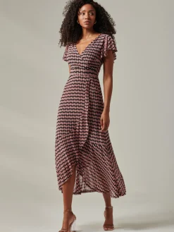 Geo Print Ruffle Hem Mesh Maxi Dress, Pink Geo