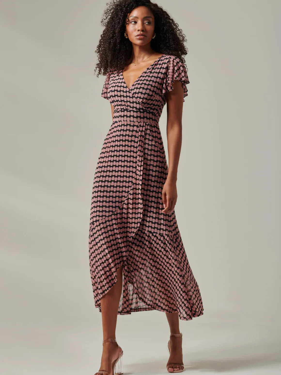 Geo Print Ruffle Hem Mesh Maxi Dress, Pink Geo