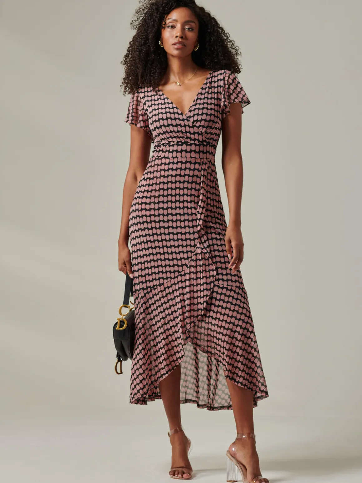 Geo Print Ruffle Hem Mesh Maxi Dress, Pink Geo