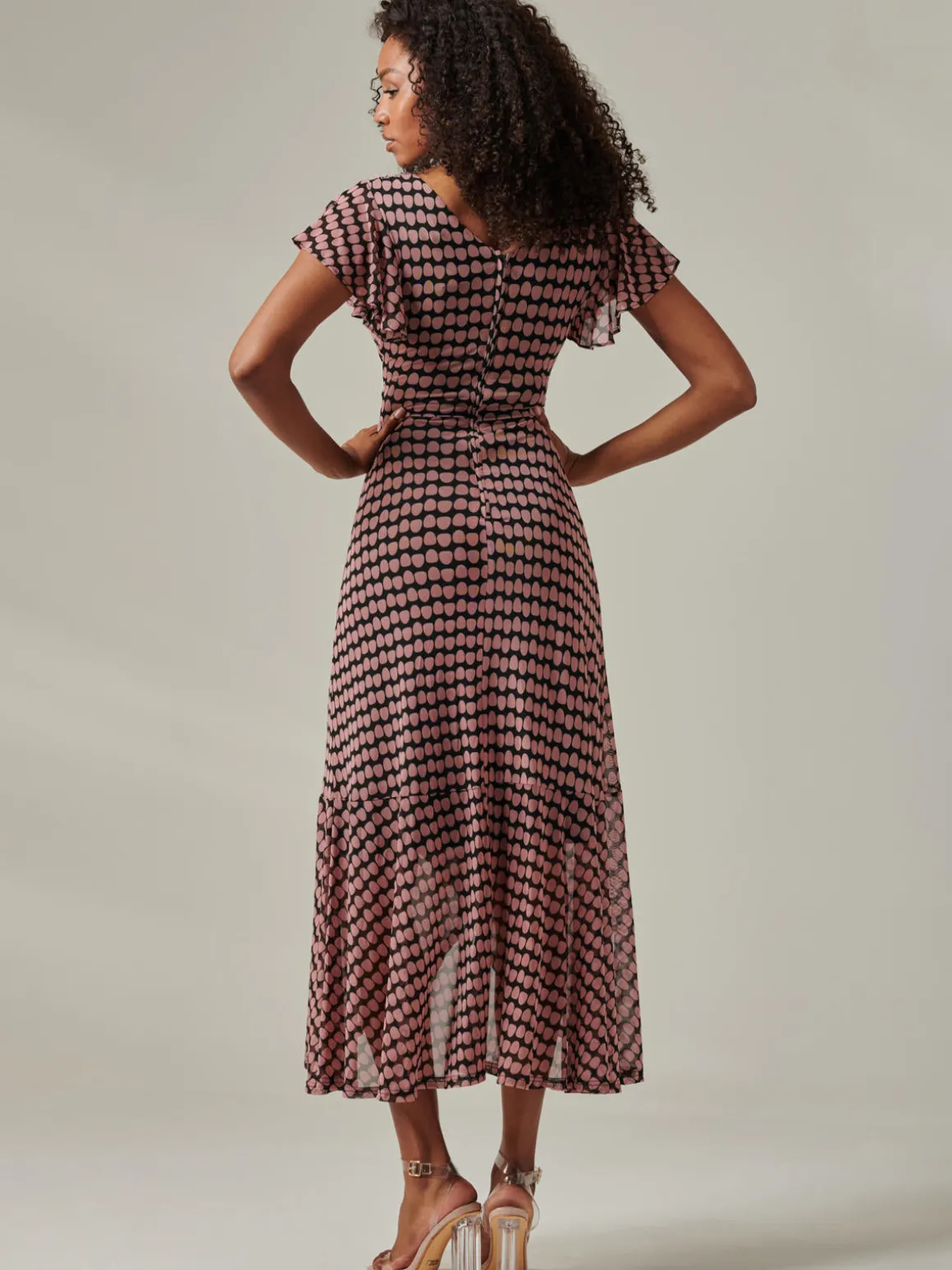 Geo Print Ruffle Hem Mesh Maxi Dress, Pink Geo