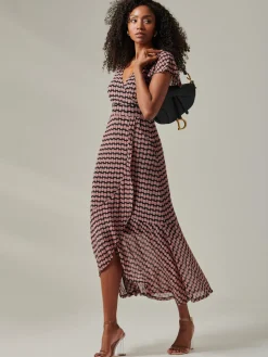Geo Print Ruffle Hem Mesh Maxi Dress, Pink Geo