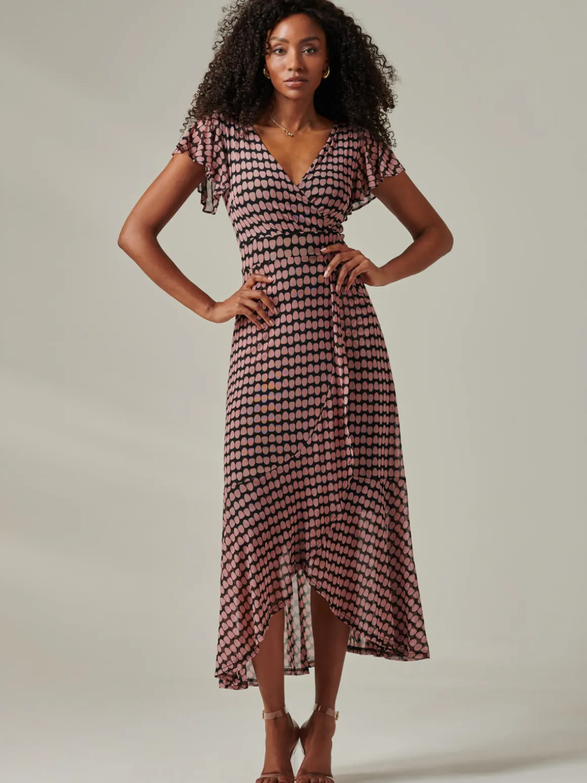 Geo Print Ruffle Hem Mesh Maxi Dress, Pink Geo