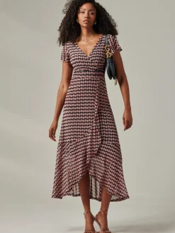 Geo Print Ruffle Hem Mesh Maxi Dress, Pink Geo