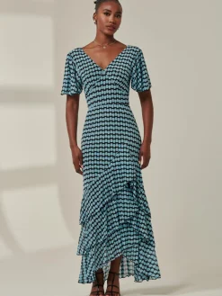Geo Print Tiered Maxi Dress, Blue Geo