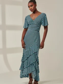 Geo Print Tiered Maxi Dress, Blue Geo