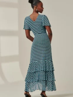 Geo Print Tiered Maxi Dress, Blue Geo