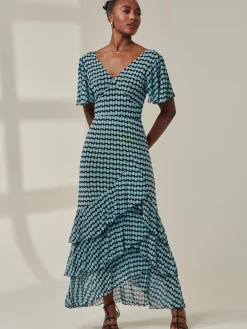 Geo Print Tiered Maxi Dress, Blue Geo