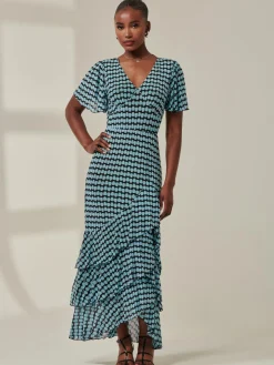 Geo Print Tiered Maxi Dress, Blue Geo