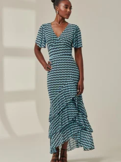 Geo Print Tiered Maxi Dress, Blue Geo