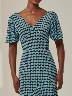 Geo Print Tiered Maxi Dress, Blue Geo