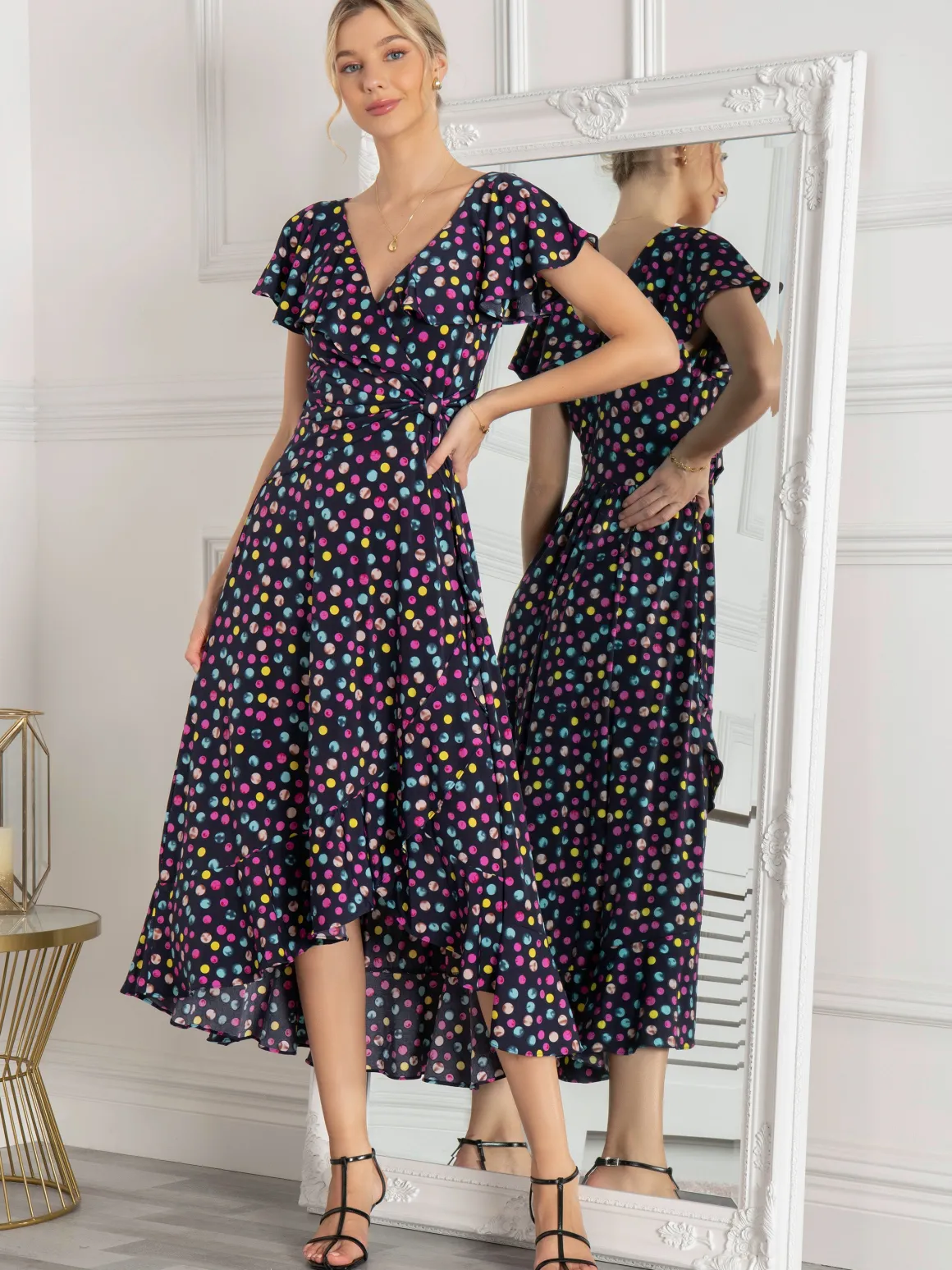 Gerrilyn Frill Animal Print Dress, Navy Polka Dot