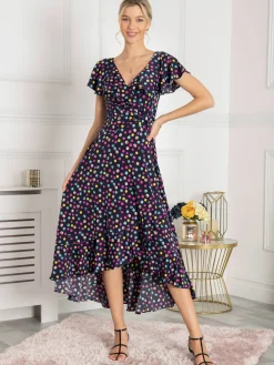 Gerrilyn Frill Animal Print Dress, Navy Polka Dot
