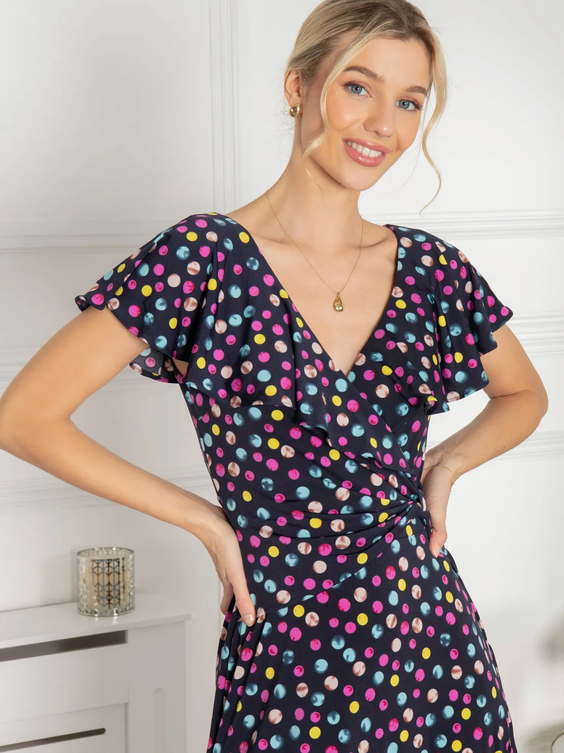 Gerrilyn Frill Animal Print Dress, Navy Polka Dot