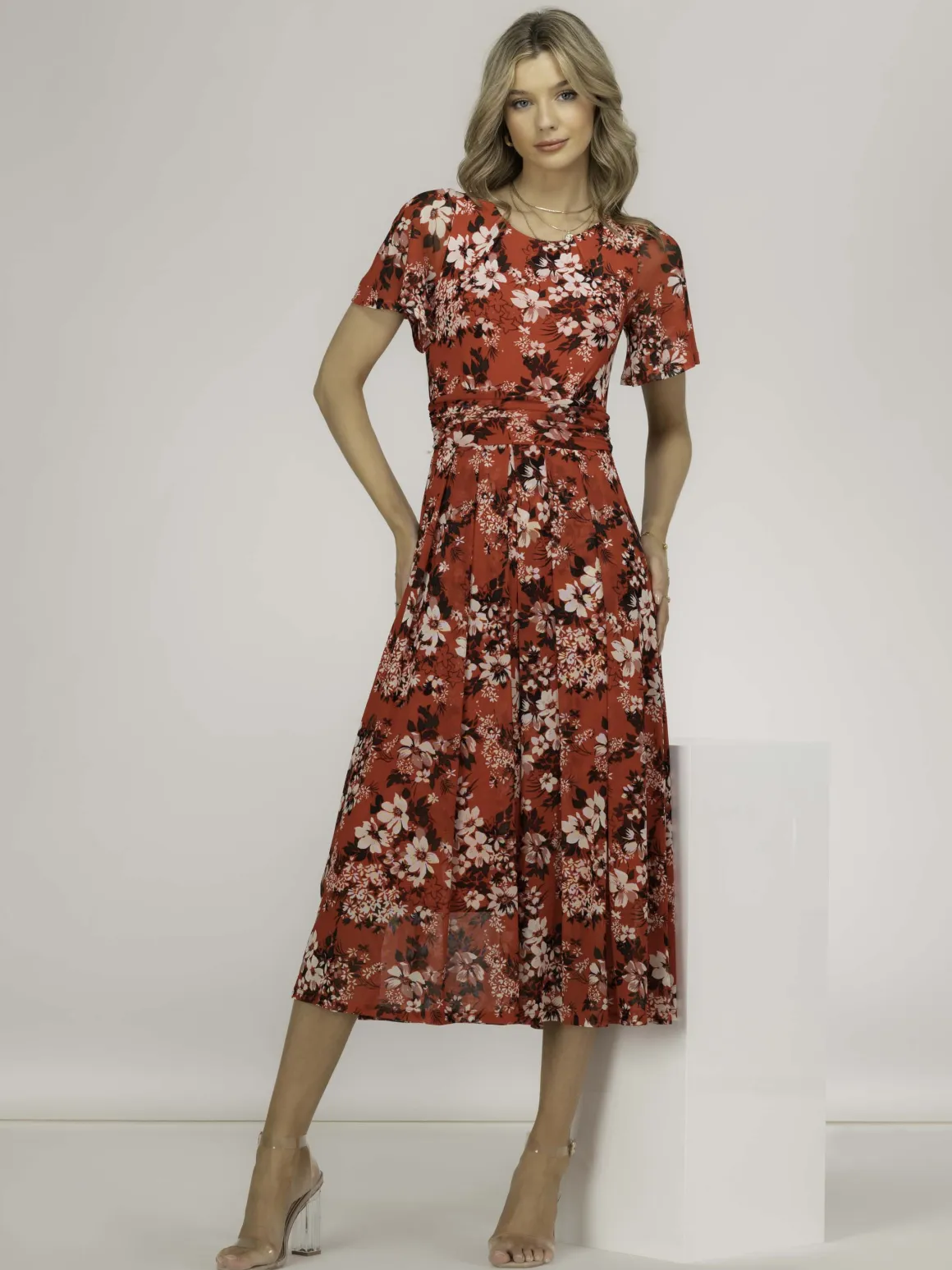Giana Floral Midi Dress, Red Floral