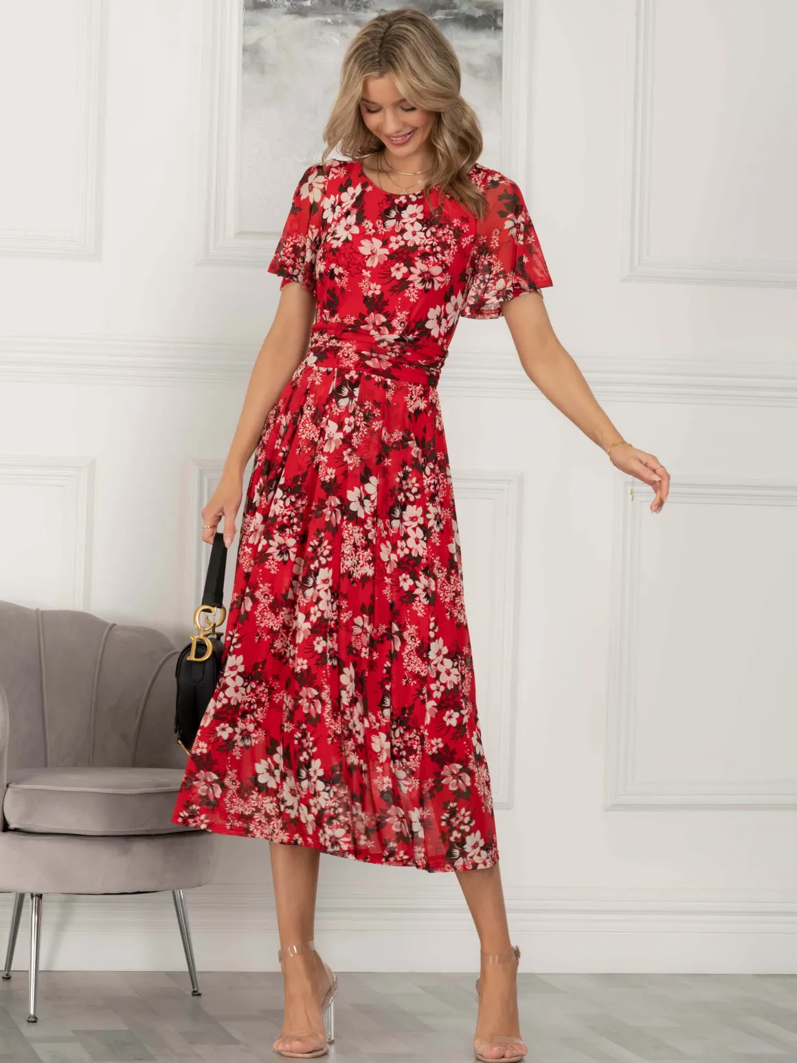 Giana Floral Midi Dress, Red Floral
