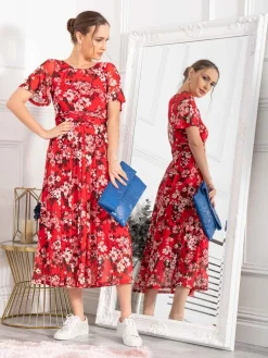 Giana Floral Midi Dress, Red Floral
