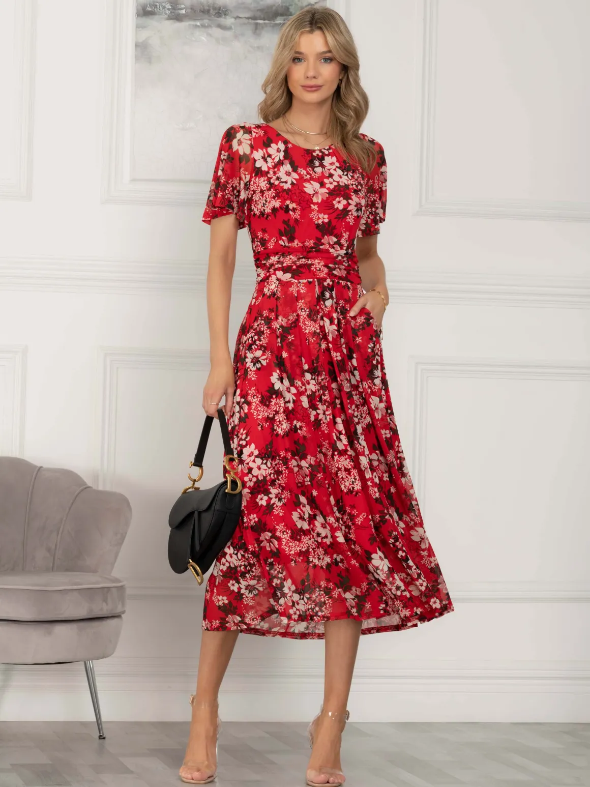 Giana Floral Midi Dress, Red Floral
