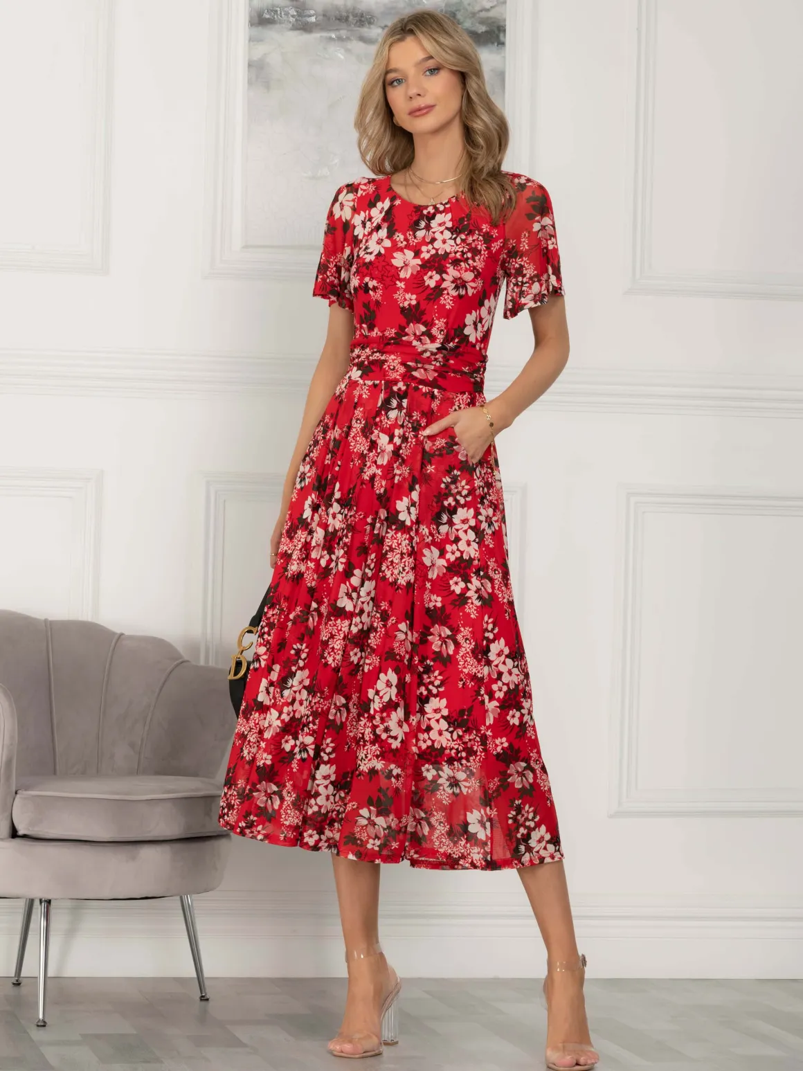 Giana Floral Midi Dress, Red Floral