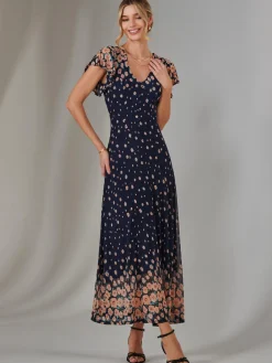 Gina Mirrored Print Mesh Maxi Dress, Navy Multi