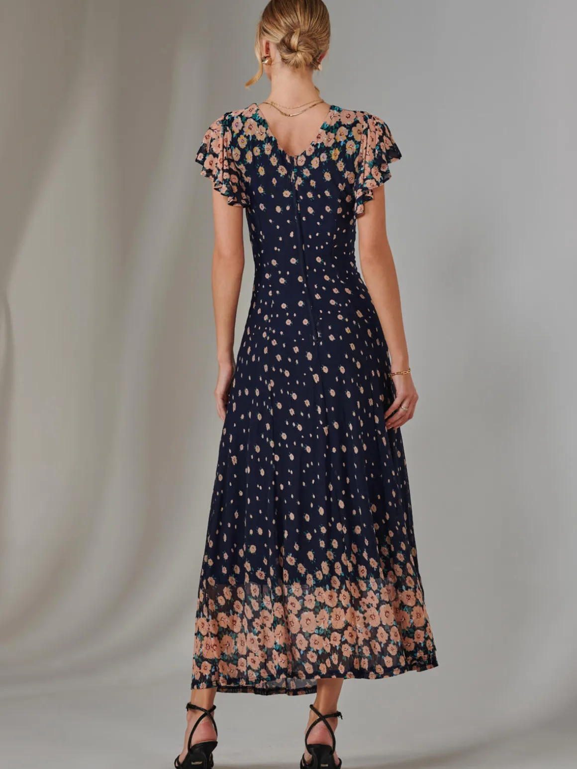 Gina Mirrored Print Mesh Maxi Dress, Navy Multi