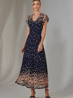 Gina Mirrored Print Mesh Maxi Dress, Navy Multi