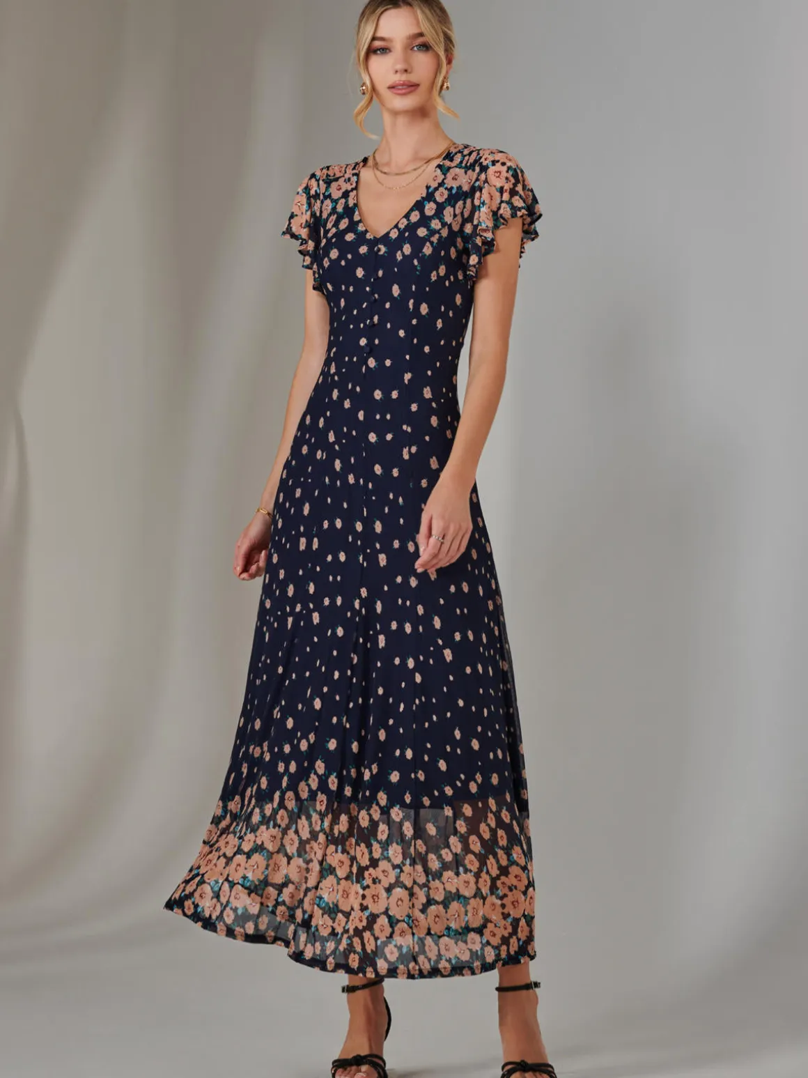 Gina Mirrored Print Mesh Maxi Dress, Navy Multi