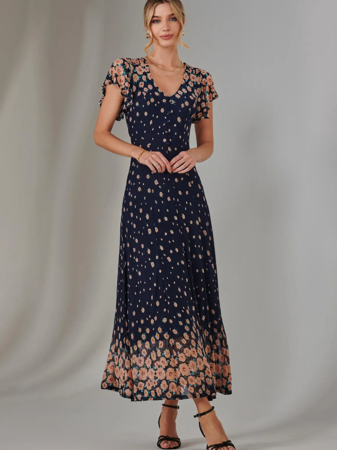 Gina Mirrored Print Mesh Maxi Dress, Navy Multi