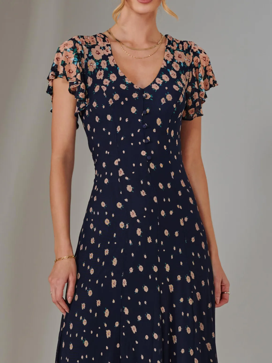 Gina Mirrored Print Mesh Maxi Dress, Navy Multi