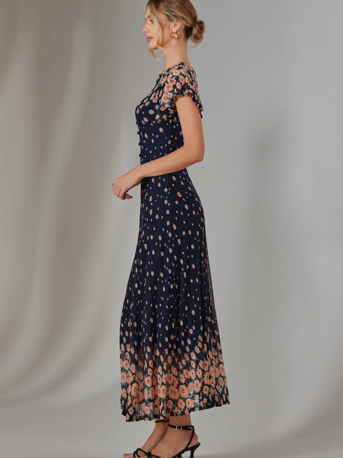 Gina Mirrored Print Mesh Maxi Dress, Navy Multi
