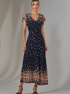 Gina Mirrored Print Mesh Maxi Dress, Navy Multi