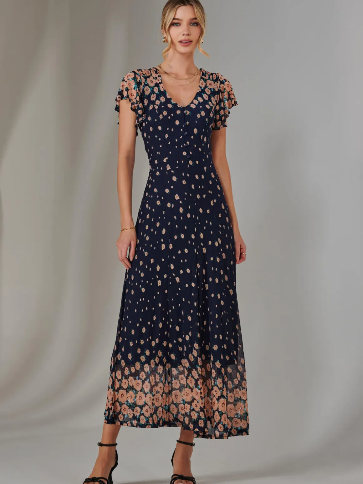 Gina Mirrored Print Mesh Maxi Dress, Navy Multi