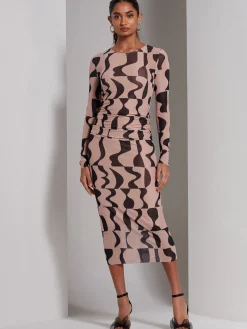 Gionna Mesh Long Sleeve Midaxi Dress, Tan Brown