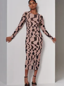 Gionna Mesh Long Sleeve Midaxi Dress, Tan Brown