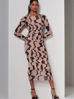 Gionna Mesh Long Sleeve Midaxi Dress, Tan Brown
