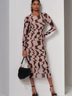 Gionna Mesh Long Sleeve Midaxi Dress, Tan Brown