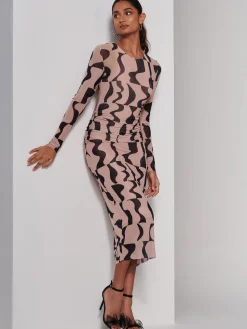 Gionna Mesh Long Sleeve Midaxi Dress, Tan Brown