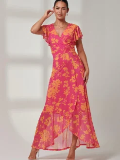 Gisselle Ruffle Hem Mesh Maxi Dress, Pink Floral