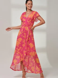 Gisselle Ruffle Hem Mesh Maxi Dress, Pink Floral
