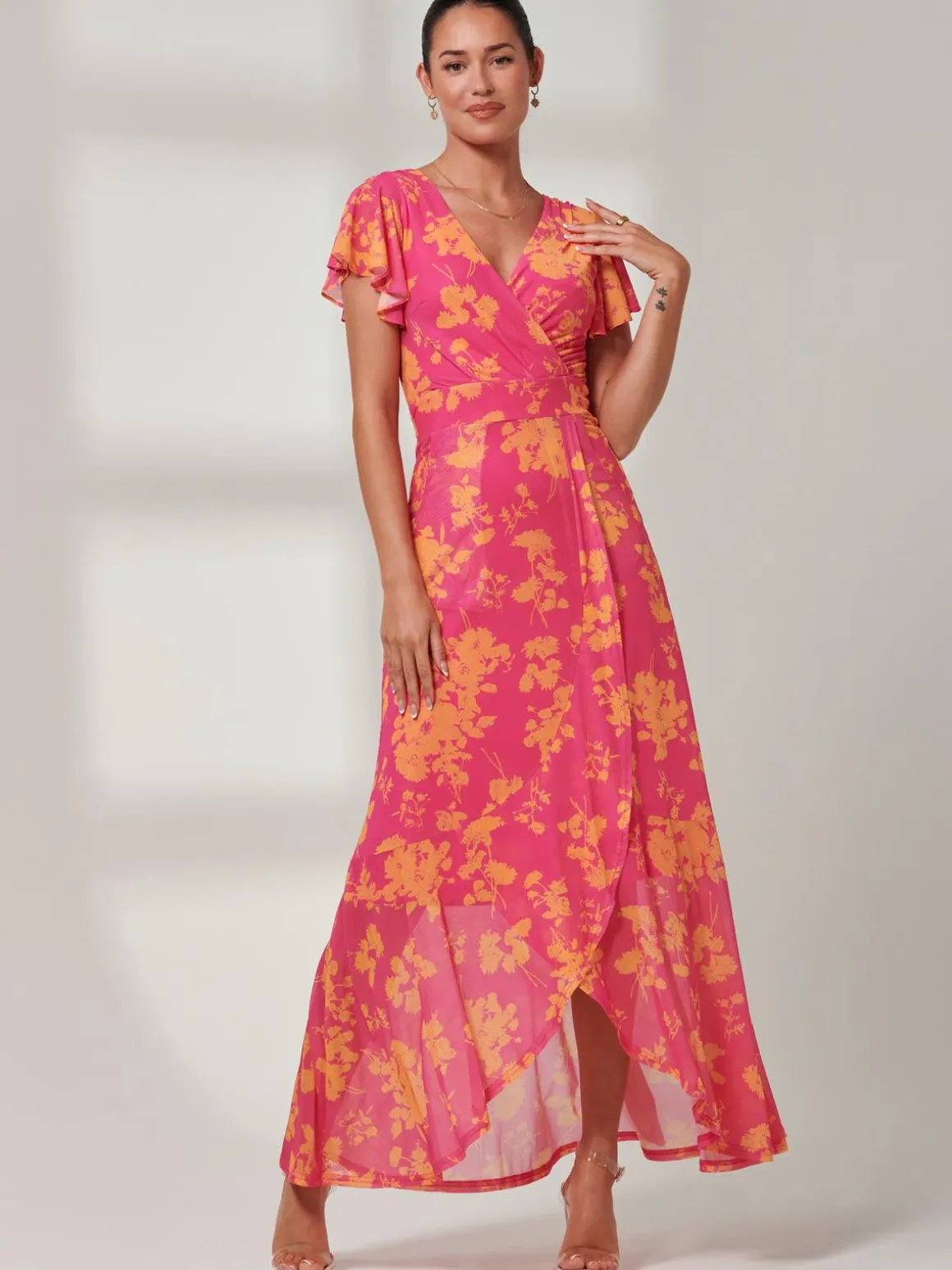 Gisselle Ruffle Hem Mesh Maxi Dress, Pink Floral
