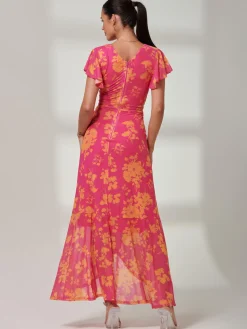 Gisselle Ruffle Hem Mesh Maxi Dress, Pink Floral
