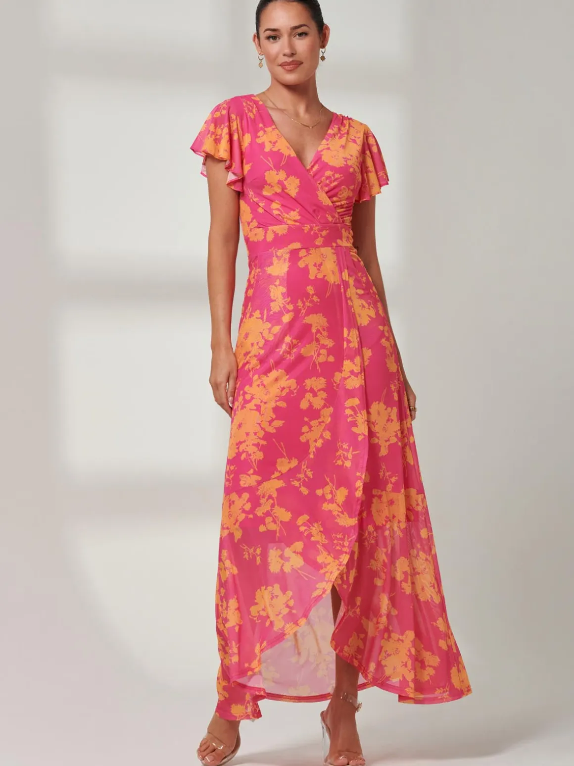 Gisselle Ruffle Hem Mesh Maxi Dress, Pink Floral