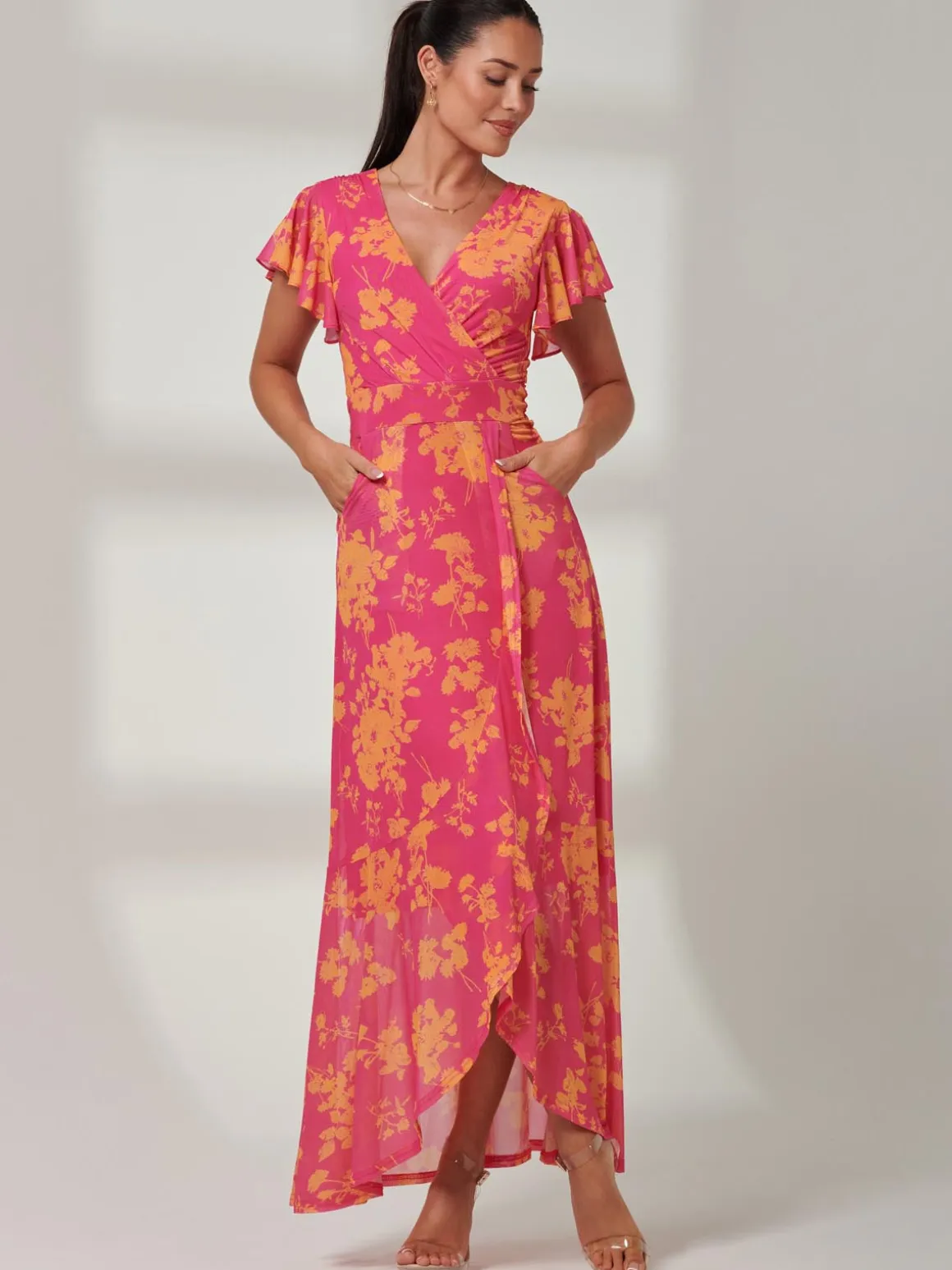 Gisselle Ruffle Hem Mesh Maxi Dress, Pink Floral