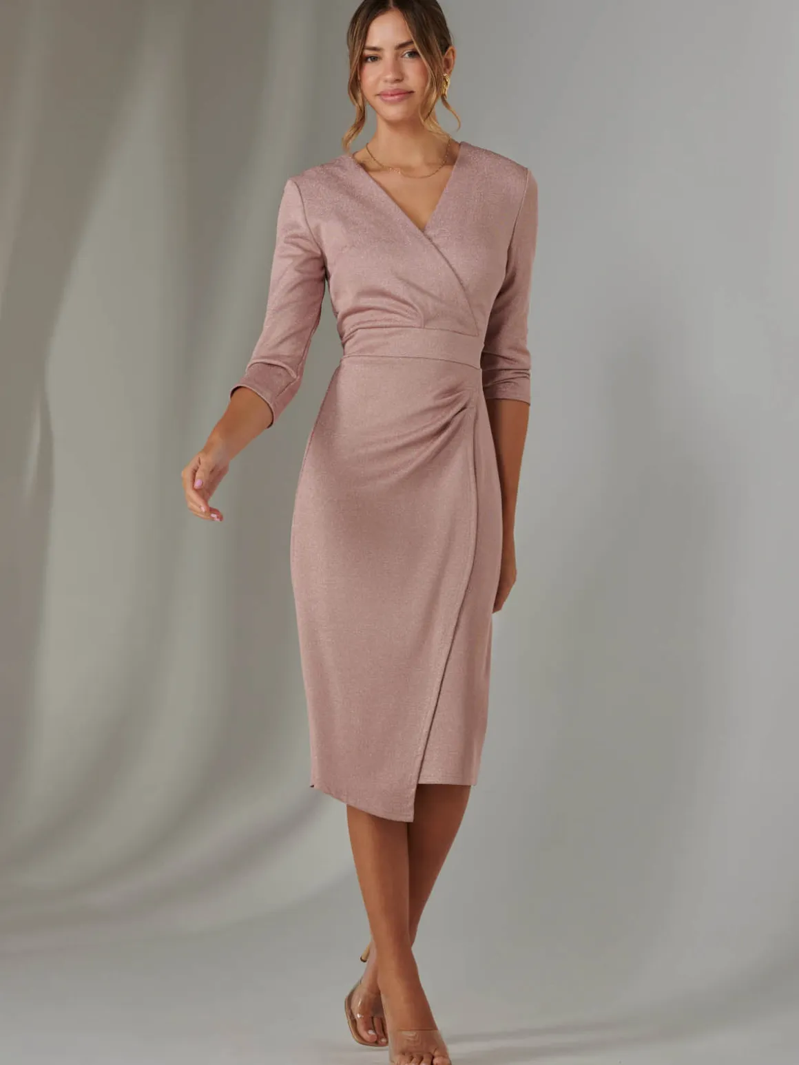 Glitter Wrap Half Sleeve Bodycon Dress, Pink
