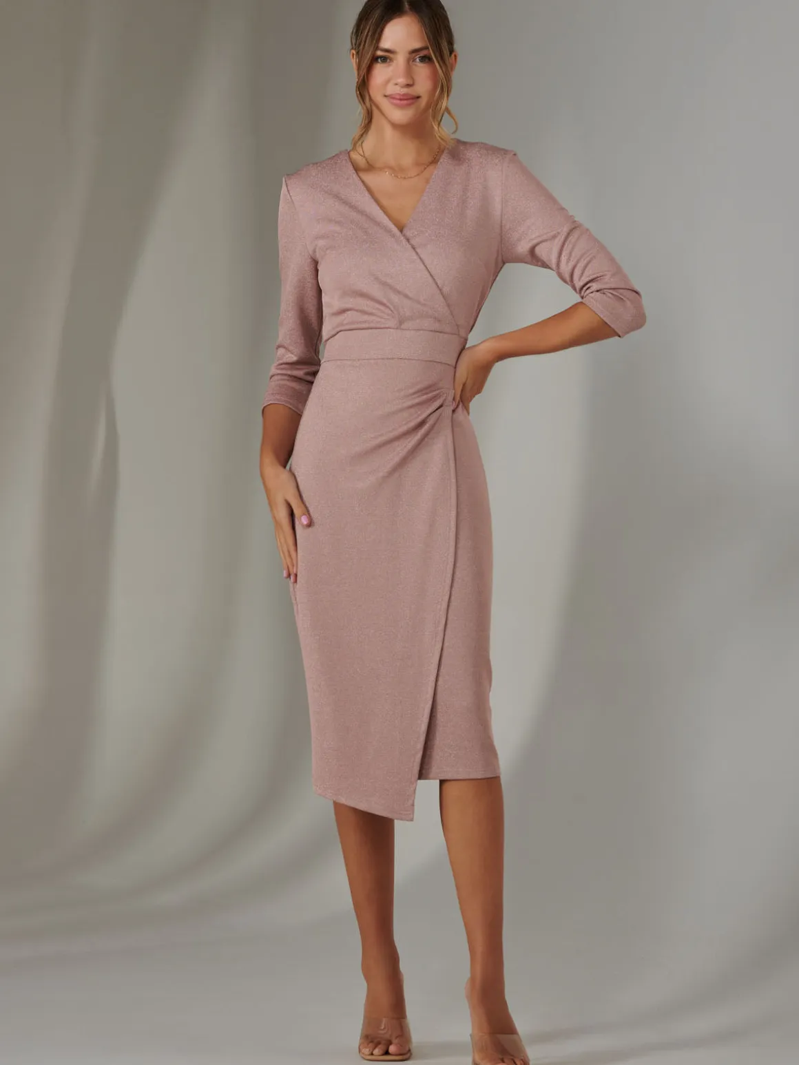 Glitter Wrap Half Sleeve Bodycon Dress, Pink