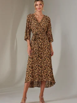 Gold Spot Printed Chiffon Maxi Dress, Brown Leopard