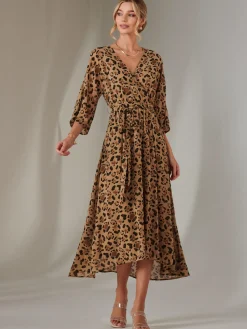 Gold Spot Printed Chiffon Maxi Dress, Brown Leopard
