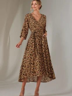 Gold Spot Printed Chiffon Maxi Dress, Brown Leopard