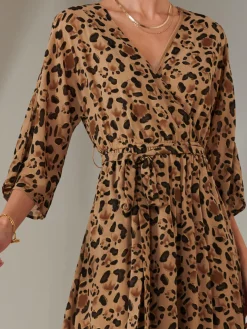Gold Spot Printed Chiffon Maxi Dress, Brown Leopard