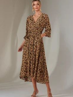 Gold Spot Printed Chiffon Maxi Dress, Brown Leopard