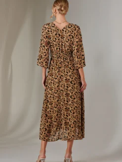 Gold Spot Printed Chiffon Maxi Dress, Brown Leopard